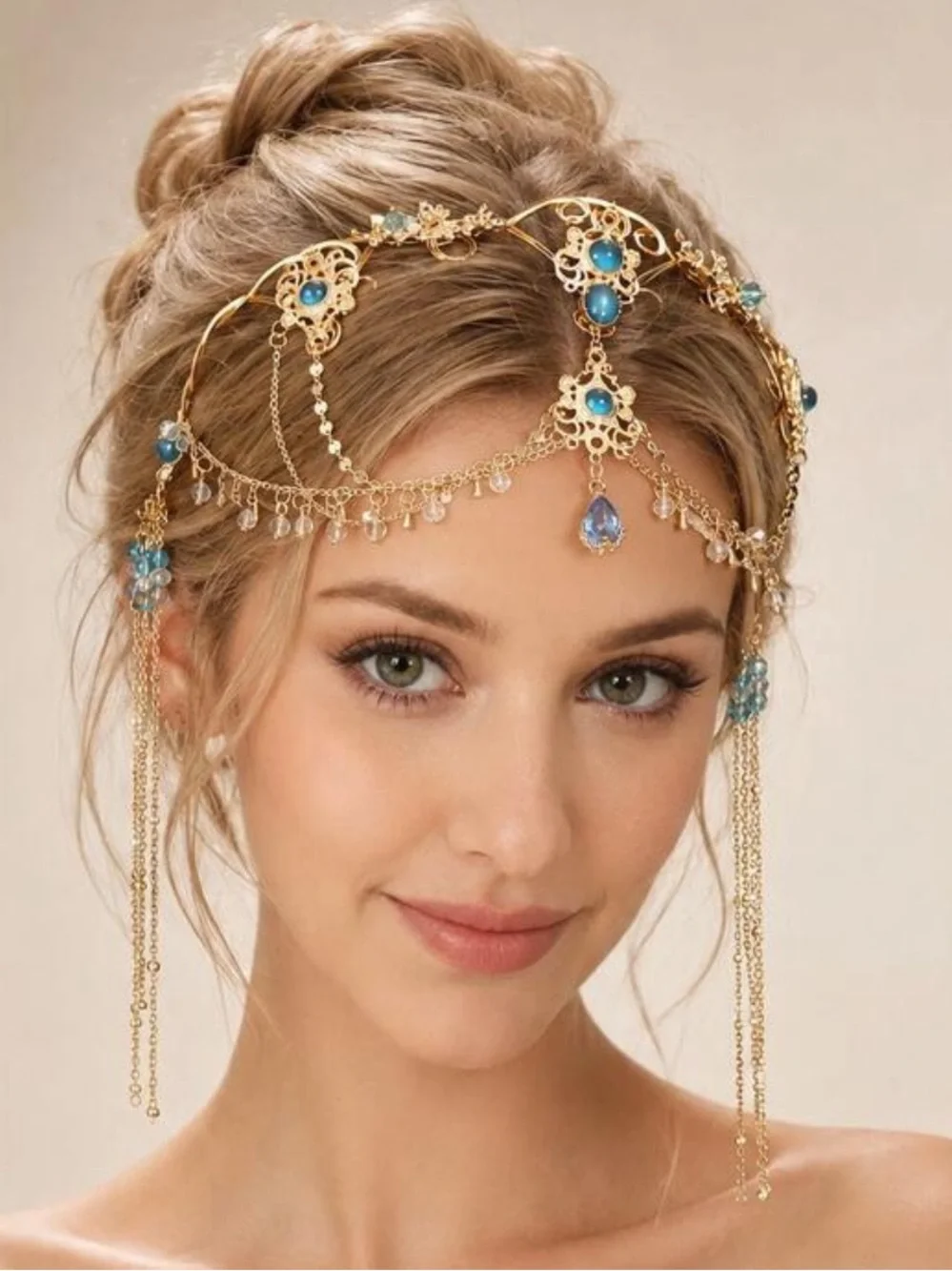 Gold and Blue Crystal Bohemian Forehead Chain Headpiece